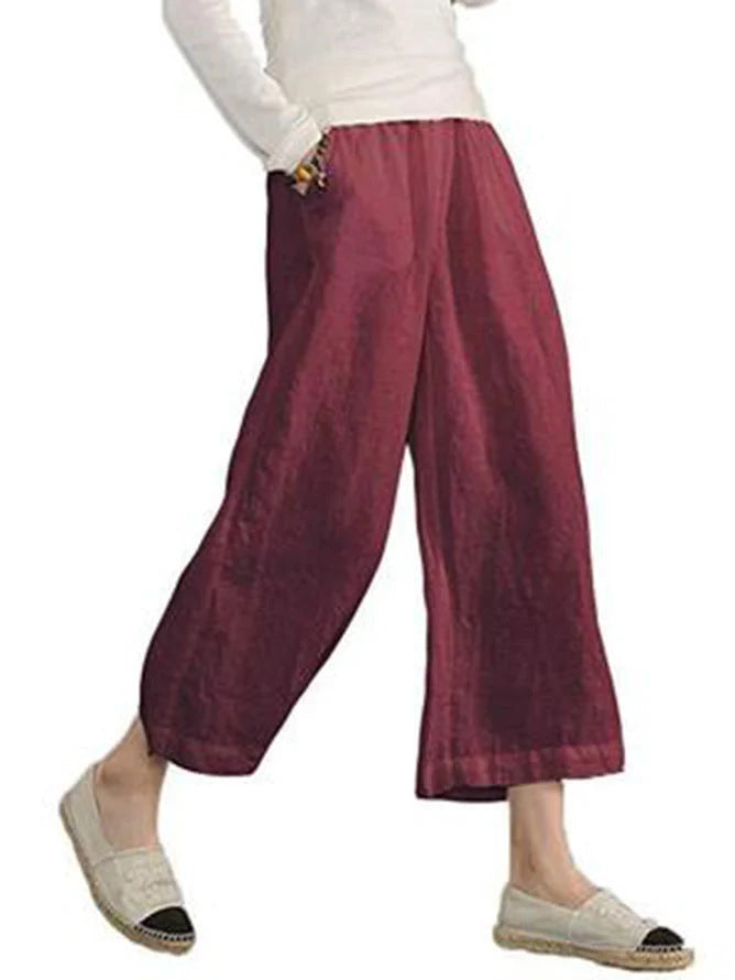Damen weite Leinenhose mit elastischem Bund und praktischen Seitentaschen WW