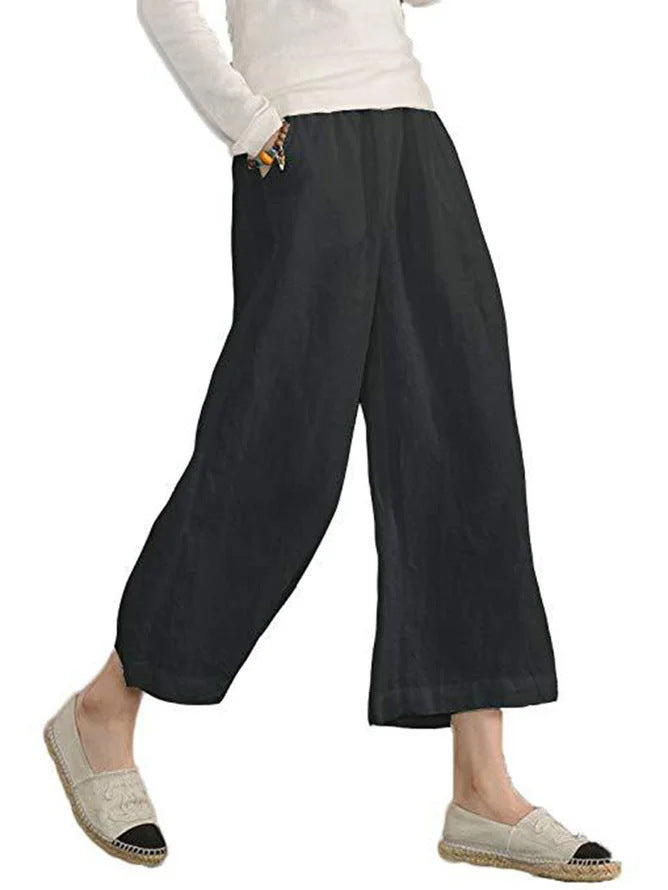 Damen weite Leinenhose mit elastischem Bund und praktischen Seitentaschen WW