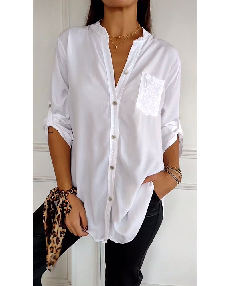 WW - Schicke Bluse mit Knopfleiste und Paillettenbesatz für Damen | Elegante Langarmbluse mit Paillettentasche
