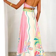 WW | Halter Schnürung Rückenfreies Rio Print Maxi Kleid
