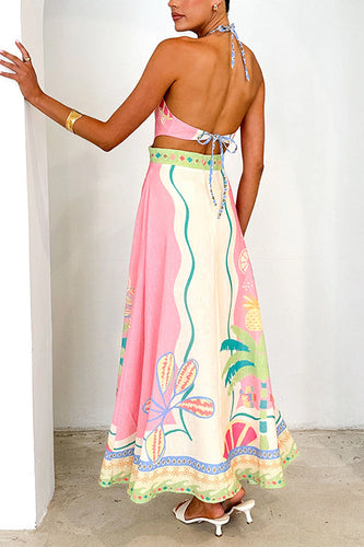 WW | Halter Schnürung Rückenfreies Rio Print Maxi Kleid