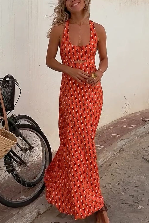 W&W Mode | Scoop Neck Rückenfreies Geometrisches Print Maxi Cami Kleid