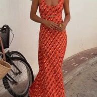 WW | Scoop Neck Rückenfreies Geometrisches Print Maxi Cami Kleid
