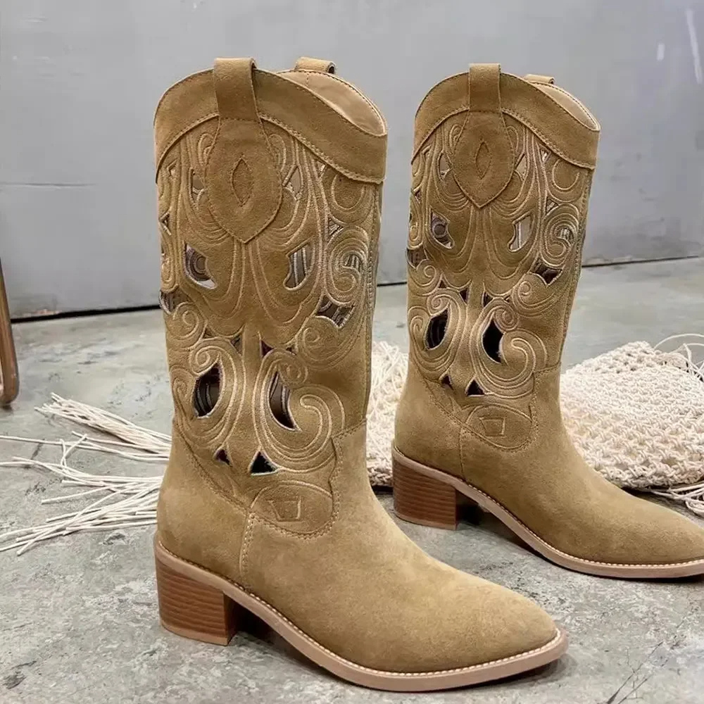 W&W Mode | Bestickte Westernstiefel Damen mit Dekorativen Ausschnitten, Cowboystiefel Damen