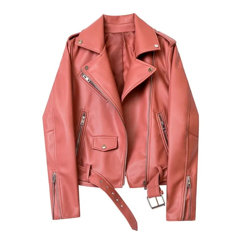 WW | Damen-Biker-Lederjacke mit Reißverschlüssen und Gürtel