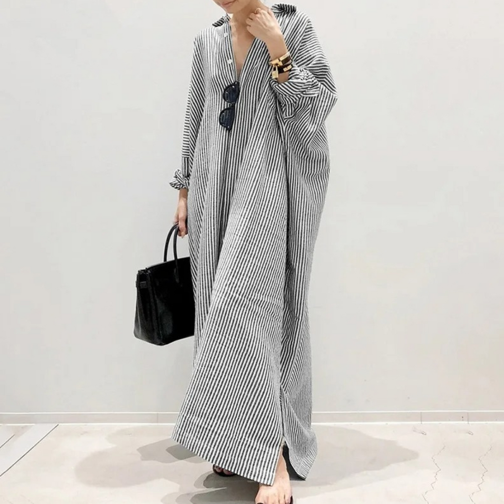 WW | Elegante Schwarz Gestreifte Blusen Kleid Mit Knöpfen
