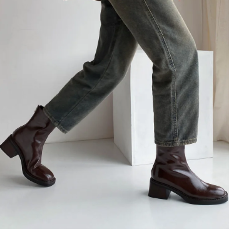 Damen-Leder-Ankle-Boots mit Blockabsatz