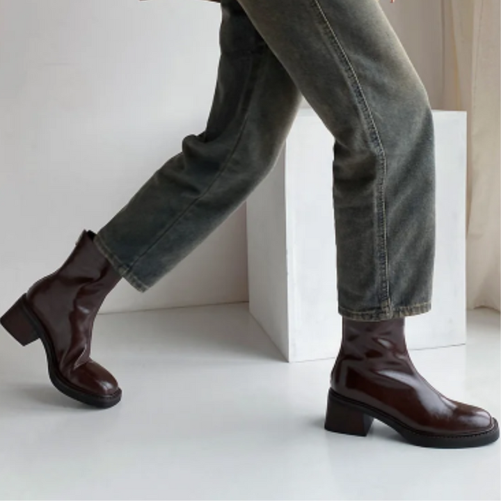 Damen-Leder-Ankle-Boots mit Blockabsatz