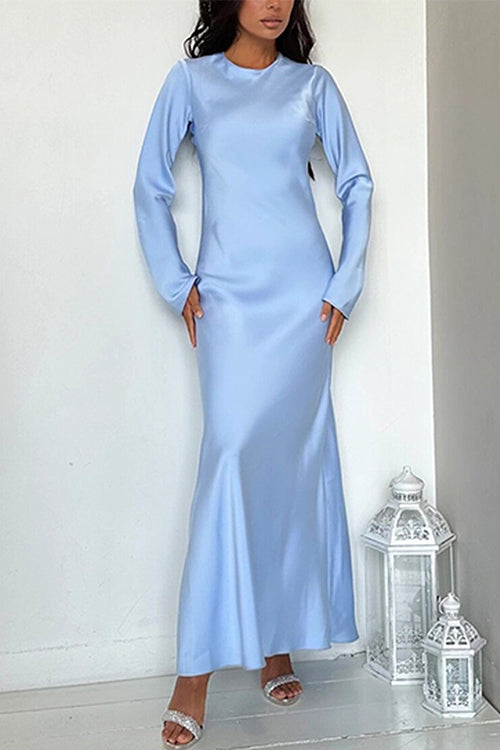 WW | Rosiedress Rundhals Lange Ärmel Satin Maxi Partykleid