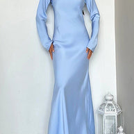 WW | Rosiedress Rundhals Lange Ärmel Satin Maxi Partykleid