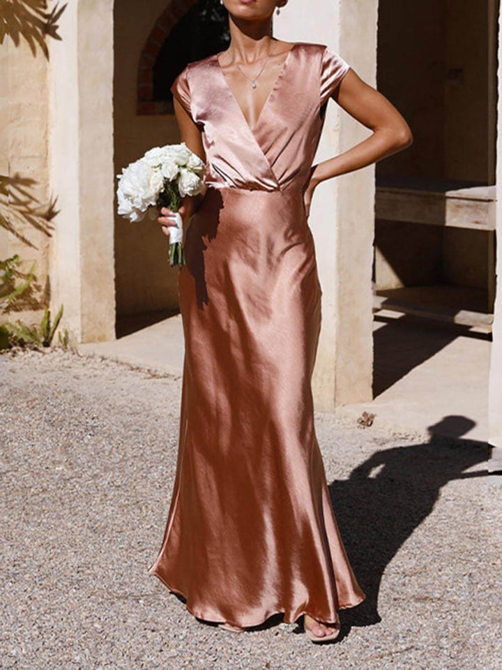 W&W Mode | Satin Fishtail Maxi Kleid mit V-Ausschnitt für Damen
