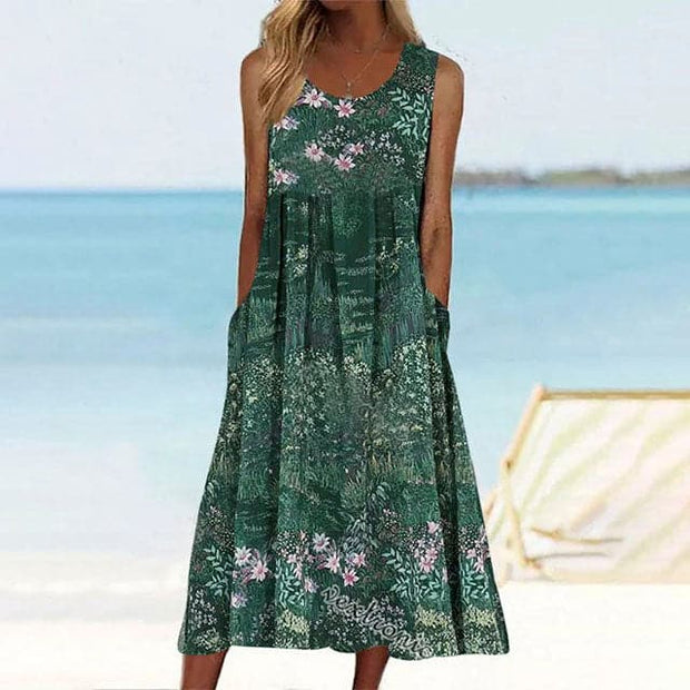WW | Sommerkleid Ärmellos A-Förmig Midi Blumenmuster mit Taschen