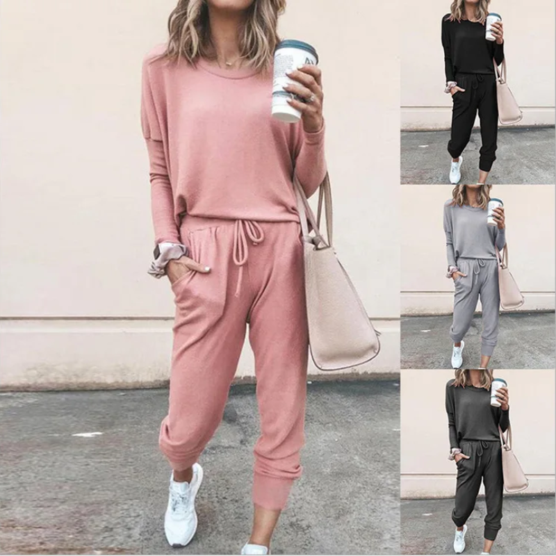 WW | Damen Hausanzug Bequemer Zweiteiler Mit Kordelzug Und Langarmshirt