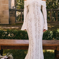 WW | Blumen Spitze Off Shoulder Flare Ärmel Fishtail Maxi Kleider - Weiß