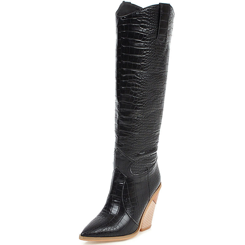 WW | Europa Heiße Stein Leder Spitz Stiefel Holz Absatz