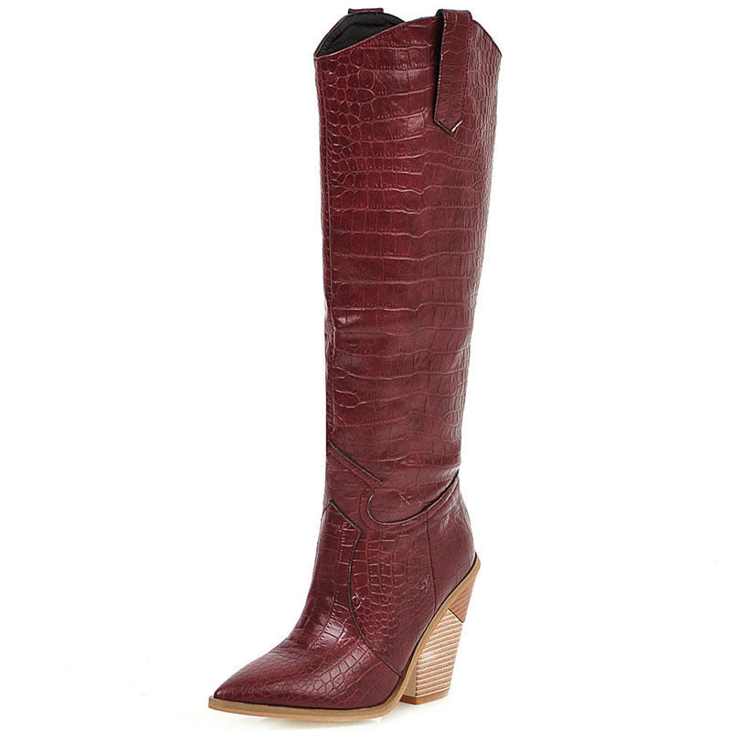 WW | Europa Heiße Stein Leder Spitz Stiefel Holz Absatz