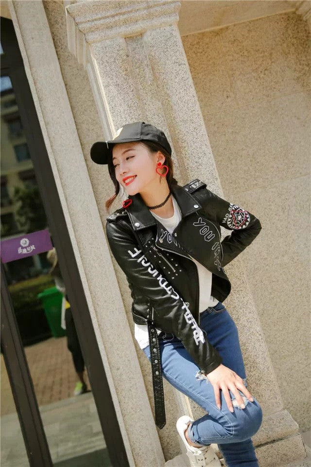 WW | Damen Lederjacke Mit Coolem Aufdruck