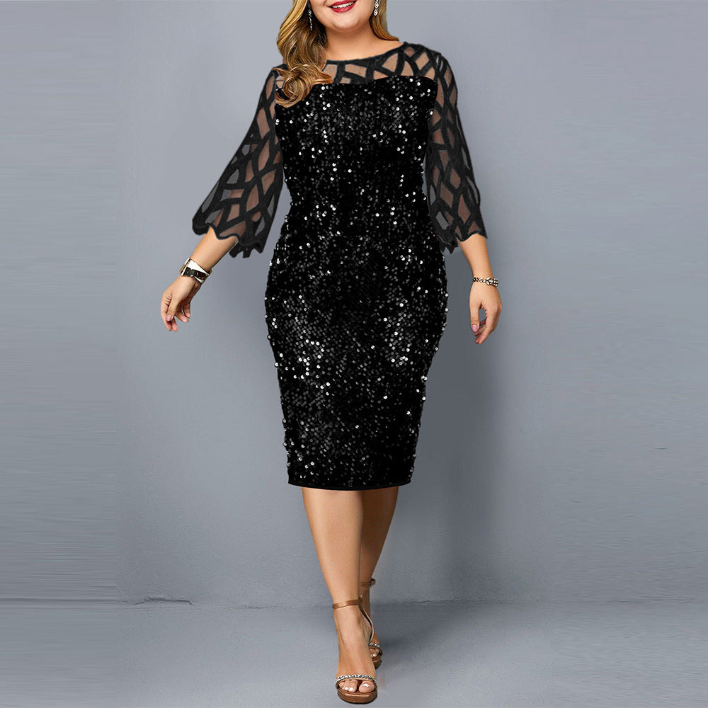 Damenkleid mit Lotusärmeln und Paillettenverzierung