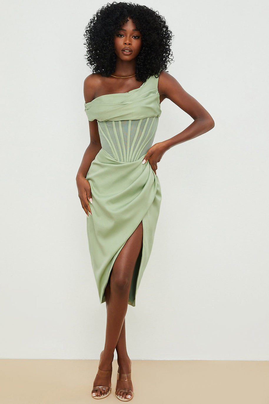 WW | Asymmetrisch drapiertes Midi-Korsettkleid