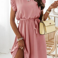 WW | Mode Elegant Solide Volant mit Gürtel O-Hals A Linie Kleider - 4 Farben