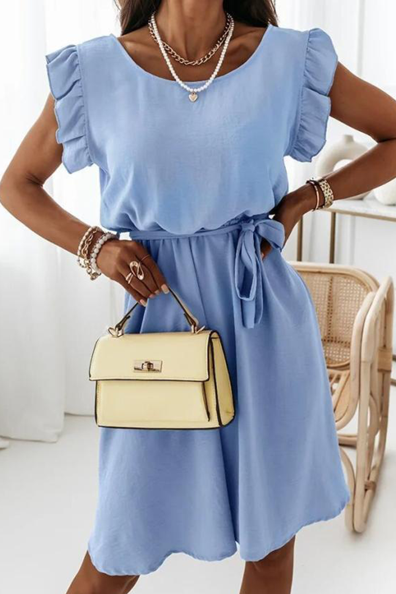 WW | Mode Elegant Solide Volant mit Gürtel O-Hals A Linie Kleider - 4 Farben