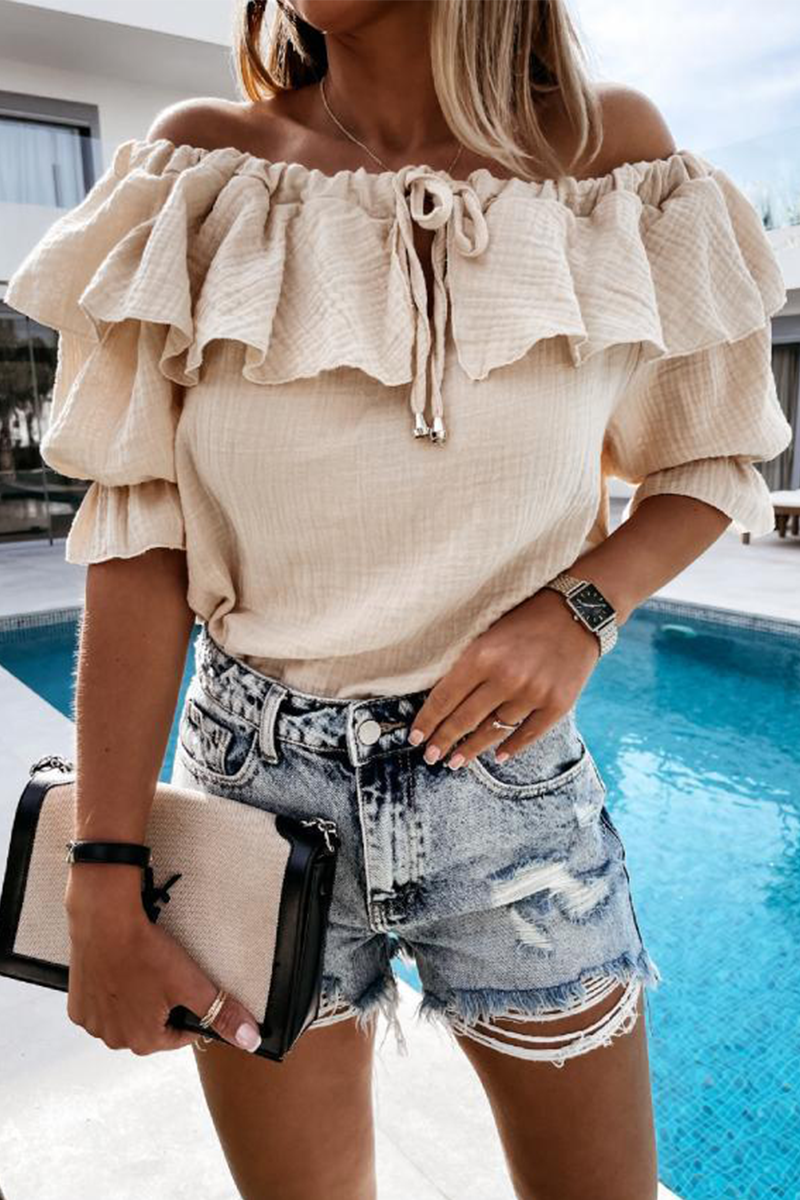 WW | Lässig Street Solid Frenulum Flounce Off The Shoulder Blusen