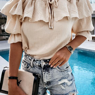 WW | Lässig Street Solid Frenulum Flounce Off The Shoulder Blusen