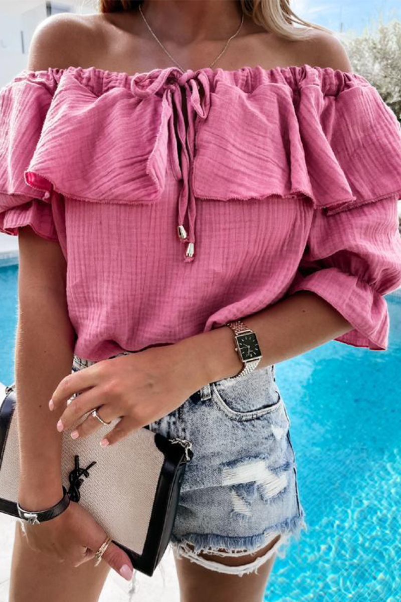 WW | Lässig Street Solid Frenulum Flounce Off The Shoulder Blusen