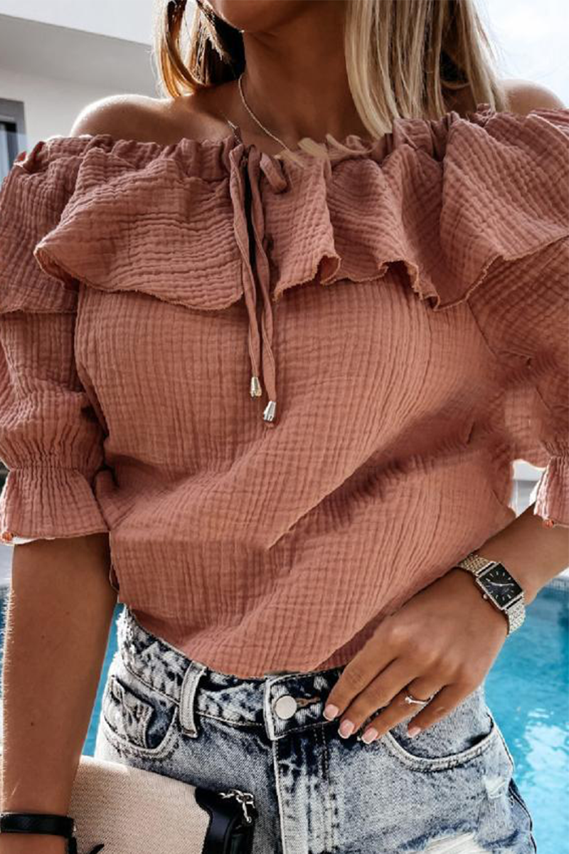 WW | Lässig Street Solid Frenulum Flounce Off The Shoulder Blusen