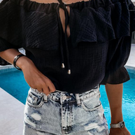WW | Lässig Street Solid Frenulum Flounce Off The Shoulder Blusen