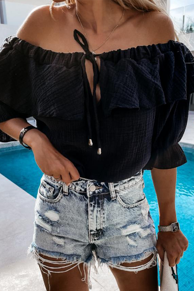 WW | Lässig Street Solid Frenulum Flounce Off The Shoulder Blusen