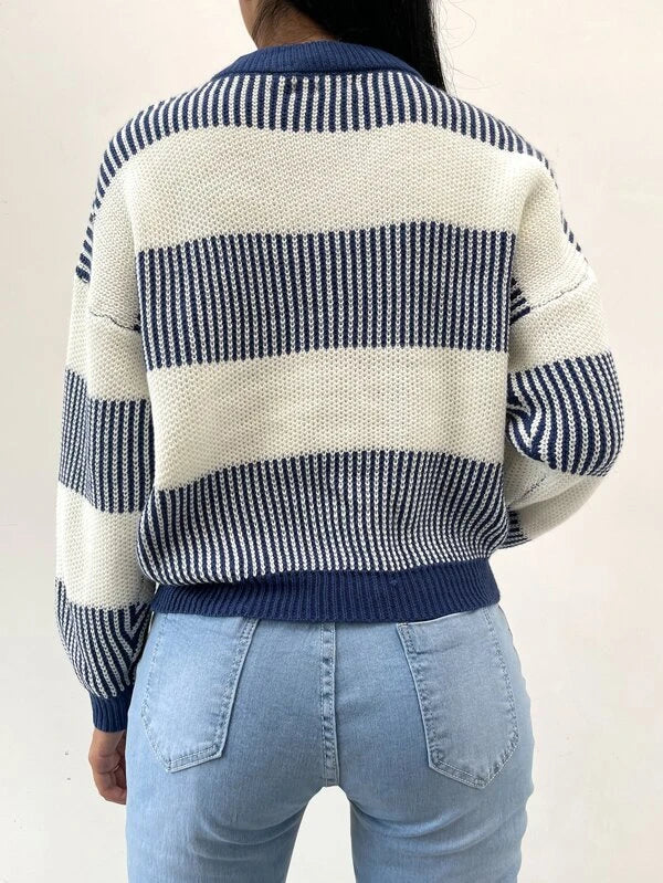 WW | Lässiger Blauer Gestreifter Pullover Für Frauen