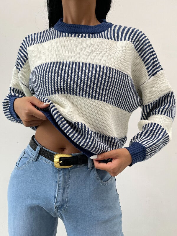 WW | Lässiger Blauer Gestreifter Pullover Für Frauen