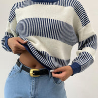WW | Lässiger Blauer Gestreifter Pullover Für Frauen