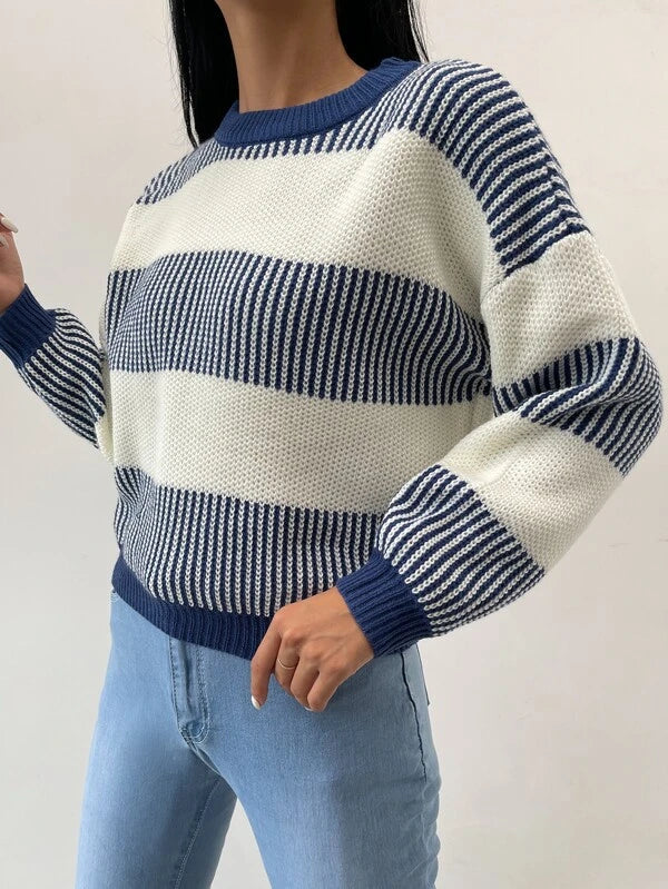 WW | Lässiger Blauer Gestreifter Pullover Für Frauen