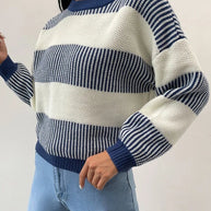 WW | Lässiger Blauer Gestreifter Pullover Für Frauen