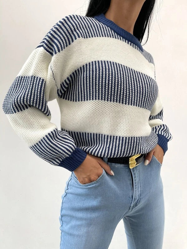 WW | Lässiger Blauer Gestreifter Pullover Für Frauen