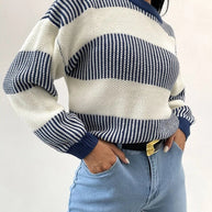 WW | Lässiger Blauer Gestreifter Pullover Für Frauen