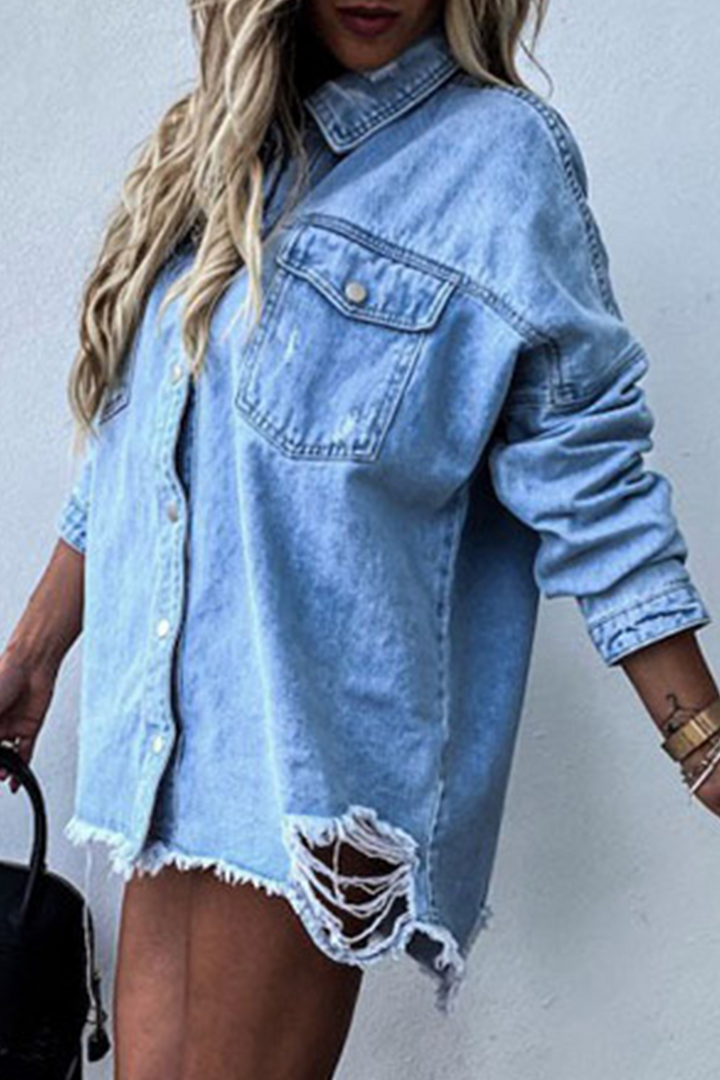 W&W Mode | Zerrissene Alte Umgeschlagene Kragen Lange Ärmel Denim Jacke