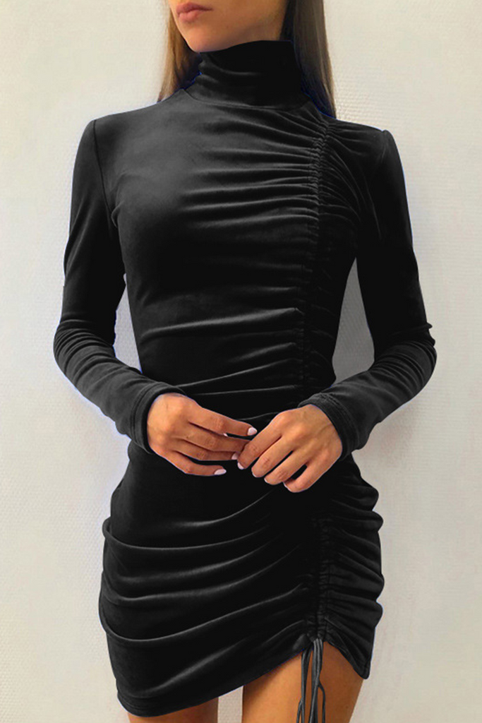 WW | Elegant Solid Split Joint Fold Halb A-Turtleneck Bleistiftrock Kleider