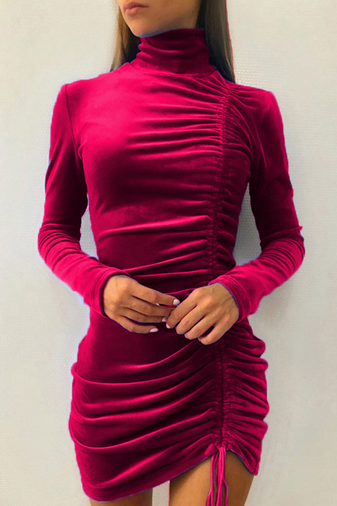 WW | Elegant Solid Split Joint Fold Halb A-Turtleneck Bleistiftrock Kleider