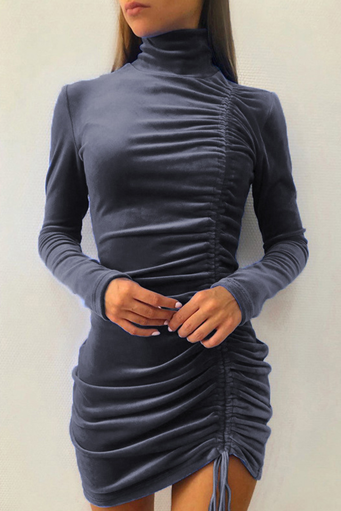 WW | Elegant Solid Split Joint Fold Halb A-Turtleneck Bleistiftrock Kleider