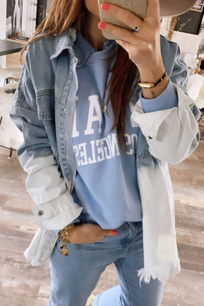 W&W Mode | Zerrissene Alte Umgeschlagene Kragen Lange Ärmel Denim Jacke