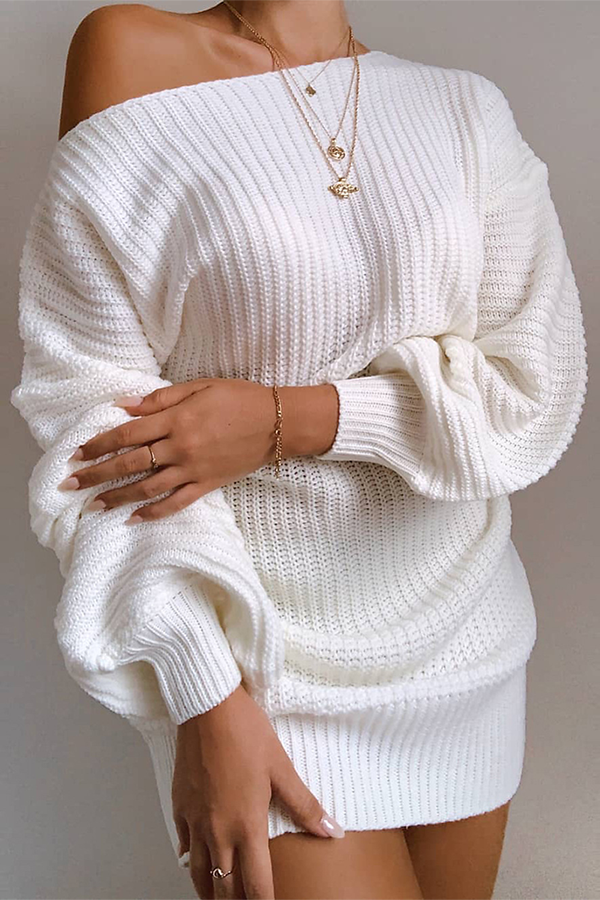W&W Mode | Lässiges Herbst Off-the-Shoulder Strickkleid für Frauen