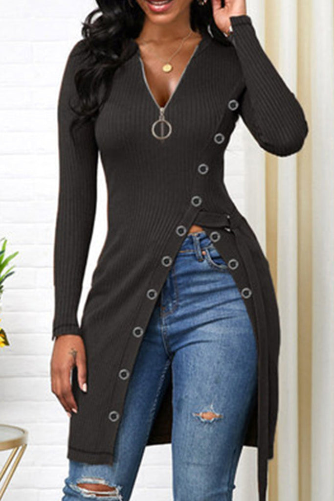 WW | Mode Freizeit Einfarbig Patchwork V-Ausschnitt Tops
