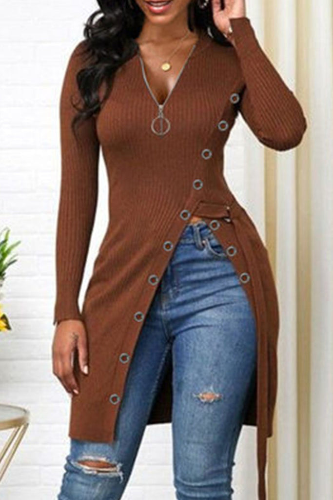 WW | Mode Freizeit Einfarbig Patchwork V-Ausschnitt Tops