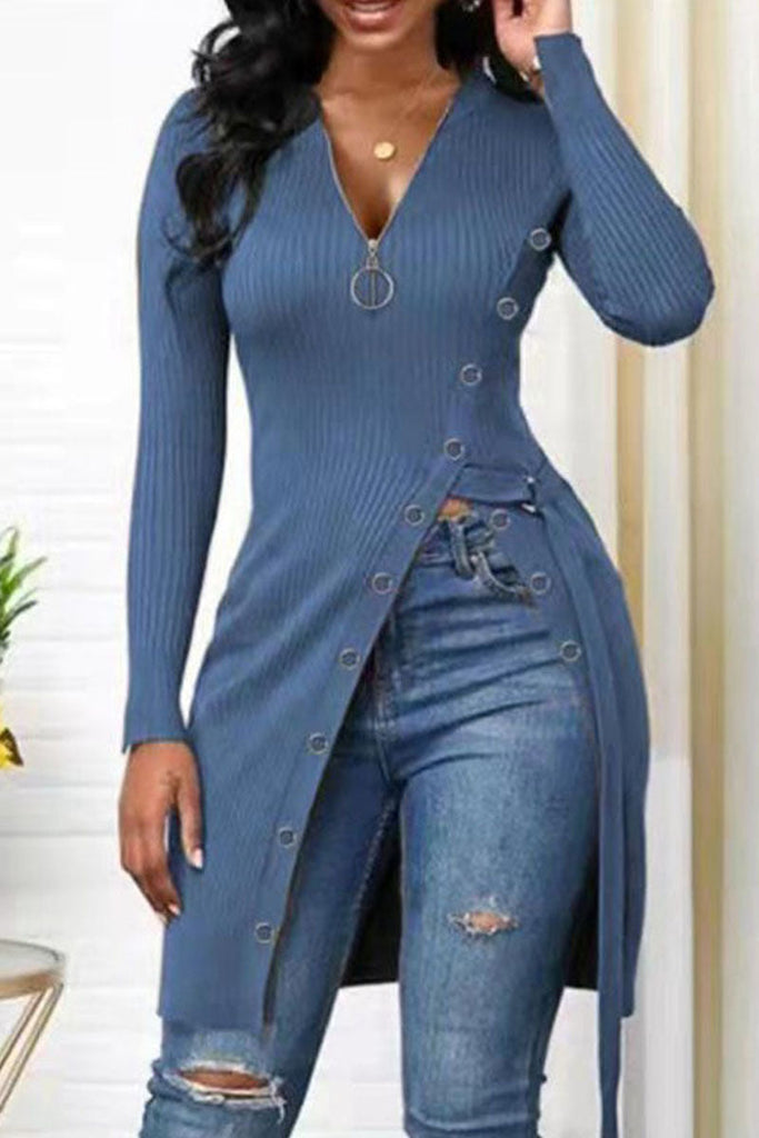 WW | Mode Freizeit Einfarbig Patchwork V-Ausschnitt Tops