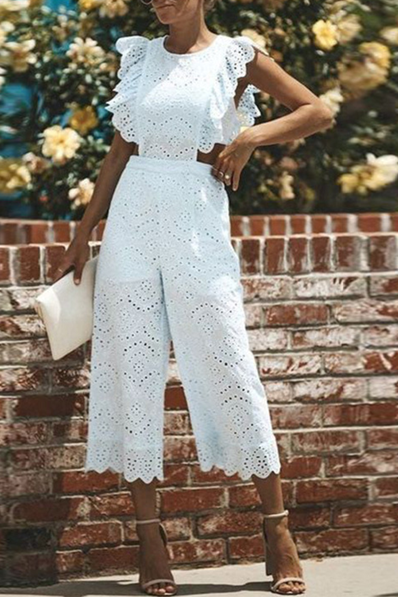 WW | Entspanntes einfarbiges Spitzen-O-Ausschnitt Gerade Jumpsuits