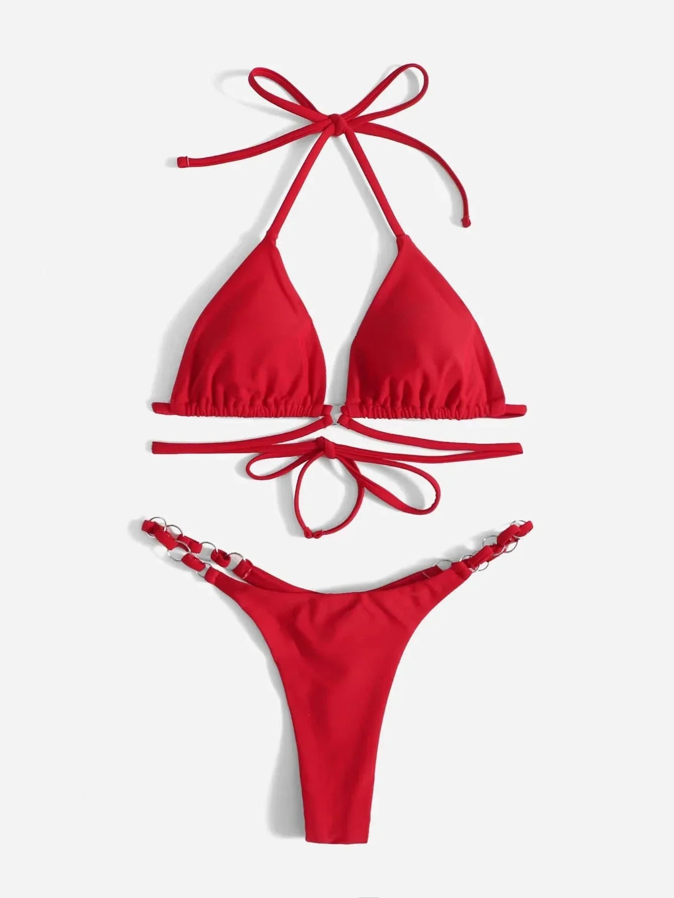 WW | Roter Halter-Triangle-Bikini mit Ringdetail für Damen