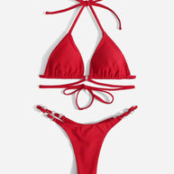 WW | Roter Halter-Triangle-Bikini mit Ringdetail für Damen